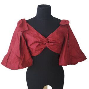 NEW Joslin Hollie Cotton Crop Top Red Tie Front Flutter Sleeve Lace Insert Boho